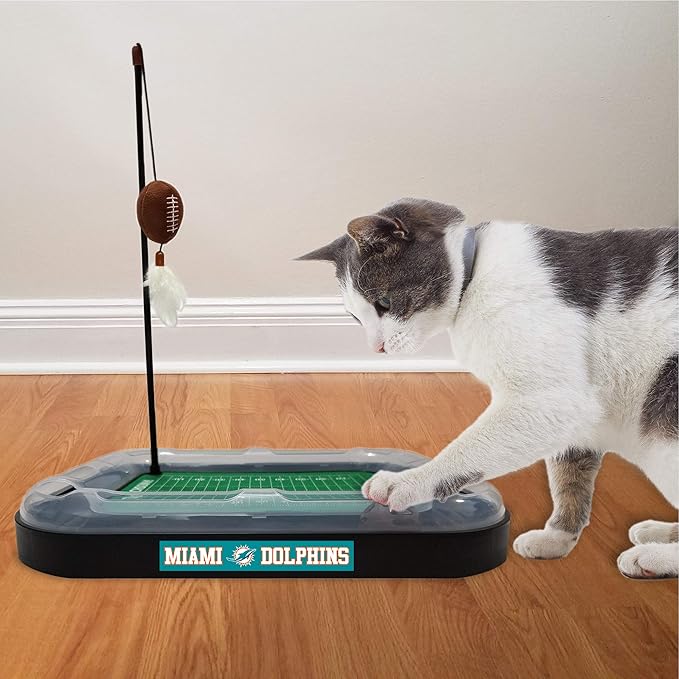Cat Football Field NFL MIAMI DOLPHINS FOOTBALL FIELD CAT SCRATCHER TOY with CATNIP Filled Plush FOOTBALL Toy & Feather Cat Toy hanging, with Jingle Bell INTERACTIVE BALL Cat Chasing 5-in-1 KITTY Toy