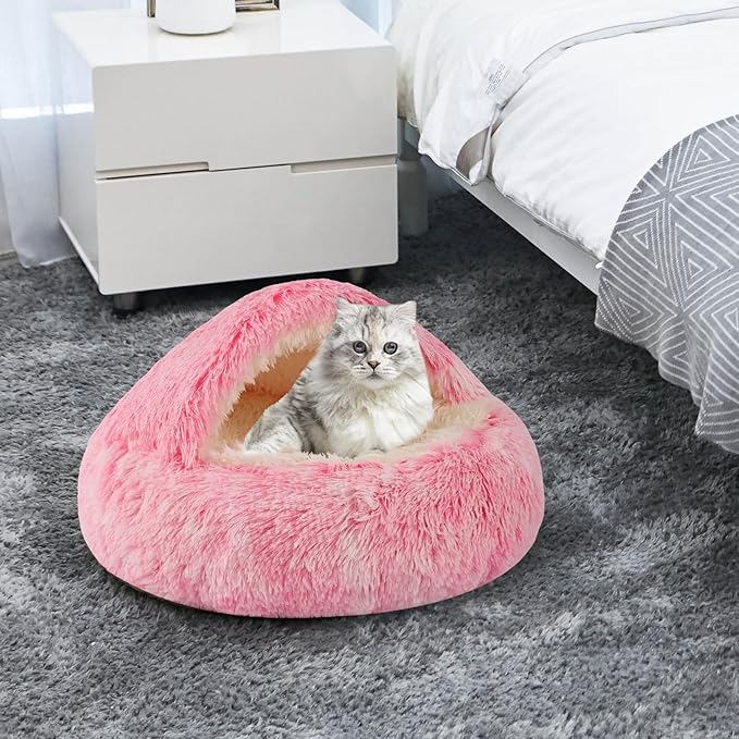 Round Hooded Cat Bed & Dog Bed with Cover Cave, Dog Bed for Small Dogs, Faux Fur Cuddler Round Coved Cat Bed Self Warming Donut Dog Bed Fits up to 12 lbs Pets (Pink, 20inch x 20inch)