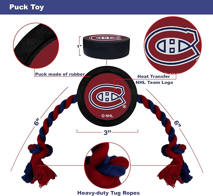 Pets First Dog Rubber Toy with Heavy-Duty Rope Tug. NHL Montreal Canadiens Puck Toy for Dogs & Cats. Play Hockey with Your Pet!