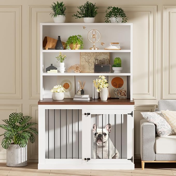 43 inches Furniture Style Dog Crate Wooden Dog Cage Indoor Heavy Duty Dog Kennel Decorative Pet Crate End Table for Large Medium Small Dog,White