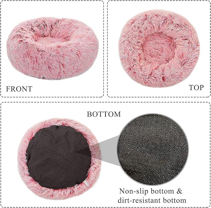 Calming Donut Dog Bed XL, Plush Round Cuddler Dog & Cat Bed, Anit-Anxiety Marshmellow Fluffy Faux Fur Cushion(32", Pink)