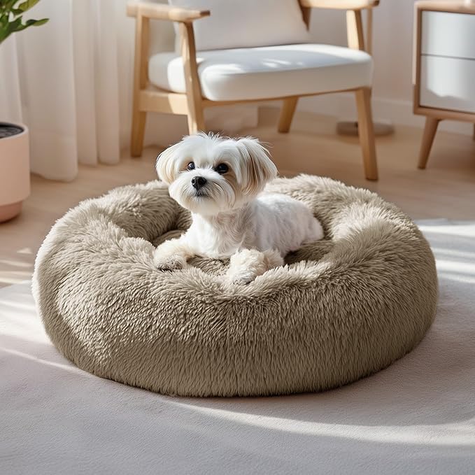 Deconovo Calming Donut Dog Bed, Washable Plush Round Pet Bed for Small Dogs & Cats with Raised Rim, Non-Slip Base and Soft Faux Fur—Lightweight, Easy-Care Design Camel 21" L x 21" W x 8" Th