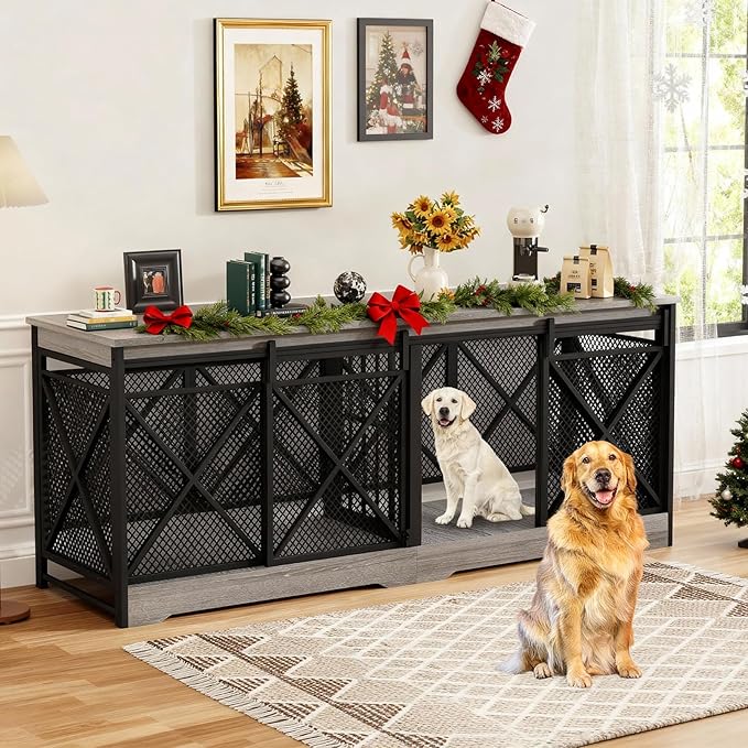 COZPAW 78 Inch Double Dog Crate Furniture, Extra Large Dog Kennel Indoor for Medium Large 2 Dogs, Heavy Duty Dog Cage Chew-Resistant Steel and Wooden Pet House with Removable Divider (Grey)
