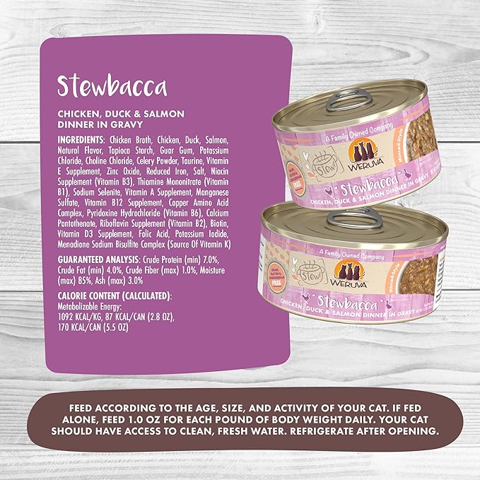 Weruva Classic Cat Stews!, Stewbacca with Chicken, Duck & Salmon in Gravy, 2.8oz Can (Pack of 12)