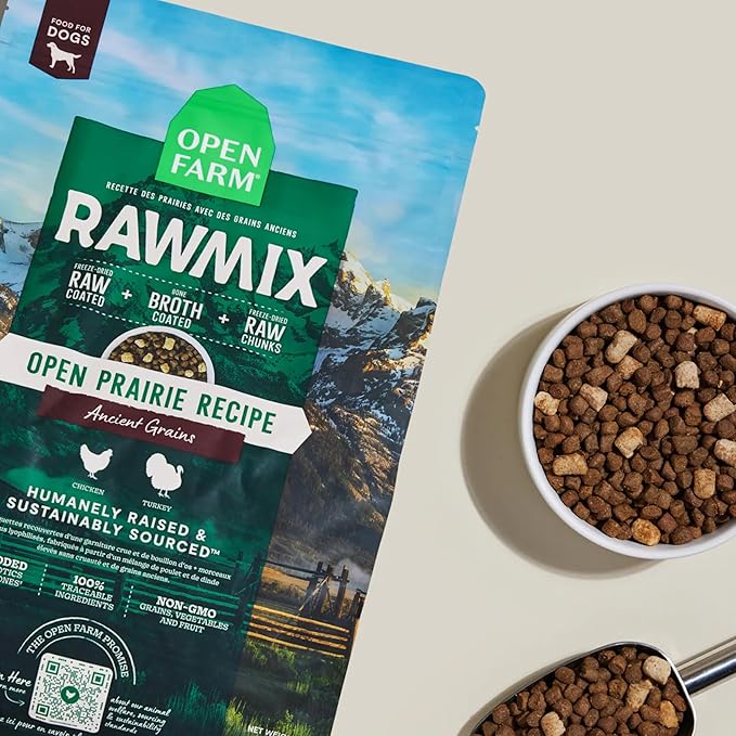 Open Farm, RawMix Dry Dog Food with Ancient Grains, Protein-Packed Kibble Coated in Bone Broth with Freeze Dried Raw Chunks, Chicken & Turkey, Open Prairie Recipe, 3.5lb Bag