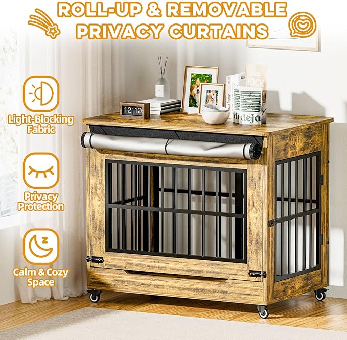38" Dog Crate Furniture, Double Door Wooden Indoor Dog Kennel Furniture, Decorative Pet Cage End Table with Wheels for Large and Medium Breed Dogs, Size L, Rustic Brown