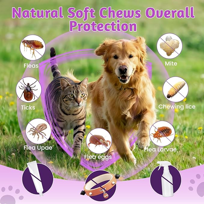 VUN Flea and Tick Prevention for Dogs,Natural Oral Flea Tick chewable for Dog,Relieve Itching, Scratching & Biting,Cats Flea Tick Chews Supplement with Colostrum,Vitamin-for Small Large Dog,100 Counts