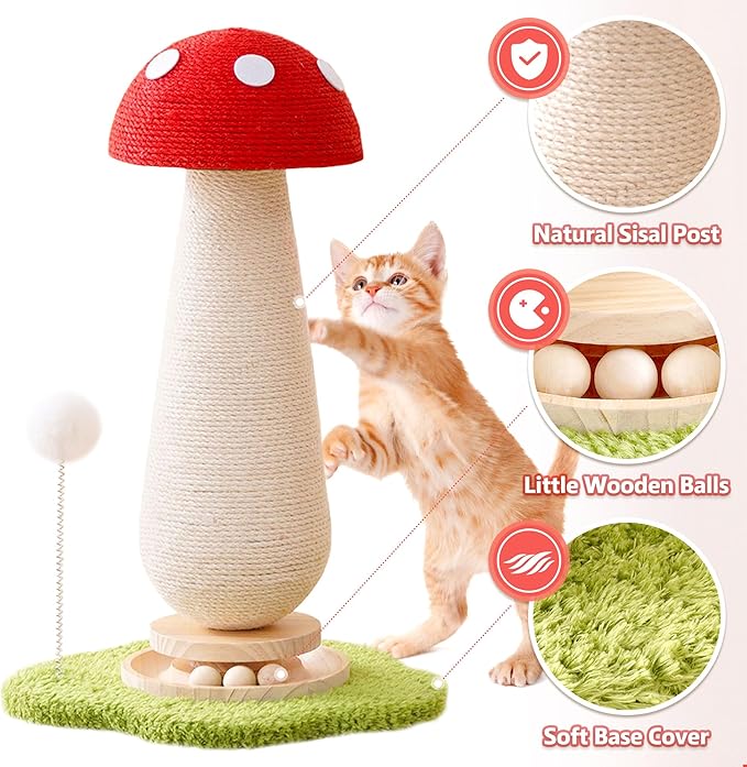 Mushroom Cat Scratching Post Cat Tree, 21.5‘’ H Cute Cat Scratcher Tower with Durable Solid Wood Turntable Toy, Mushroom Scratch Post Cat Toys Cat Sisal Scratcher with Catnip for Indoor Cats