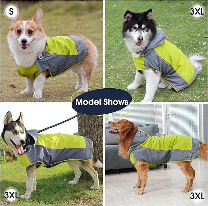 IECOii Dog Raincoats for Large Dogs,Waterproof Large Doggy Rain Jacket with Hood,Reflective Breathable Pet Rain Coat with Hood,Ideal for Adventures, Walking, Hunting in Dark,Green,XL