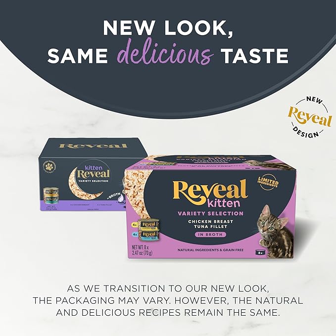 Reveal Natural Wet Kitten Food in Broth, Limited Ingredient Grain Free Canned Kitten Food, Protein with No Artificial Additives, Chicken & Tuna Variety in Broth (8 x 2.47 oz Cans)