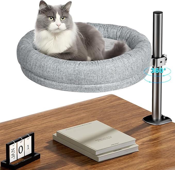 Cat Desk Bed, Desk Cat Nest Bed Round Cat Beds for Desk Indoor Cats up to 40 lbs, Comfortable Soft Pet Bed for Kitten, Cat Hammock for Desk 360° Rotation & Adjustable Height(Grey)