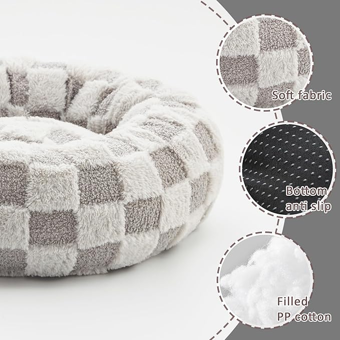 Love's cabin Round Donut Cat and Dog Cushion Bed, 20in Pet Bed for Cats or Small Dogs, Anti-Slip & Water-Resistant Bottom, Super Soft Durable Fabric Pet beds, Washable Luxury Cat & Dog Bed Grey Plaid