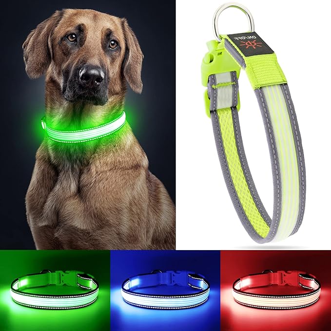 YFbrite Full Adjustbale LED Dog Collar, Full Illuminated Light up Dog Collars, Reflective Dog Collar Light Glowing in The Dark for All Dogs Safety (Medium, Green-2)