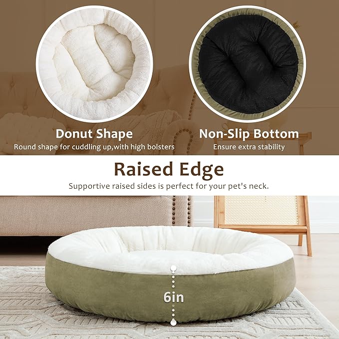 Love's cabin Round Donut Cat and Dog Cushion Bed, 20in Pet Bed For Cats or Small Dogs, Anti-Slip & Water-Resistant Bottom, Super Soft Durable Fabric Pet beds, Washable Luxury Cat & Dog Bed Olive Green