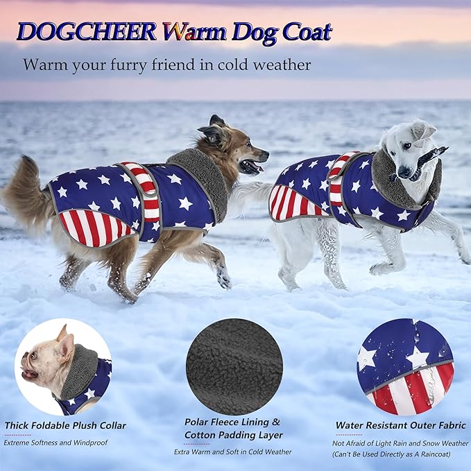 Dogcheer Dog Coat, American Flag Dog Jacket Waterproof Puppy Winter Coat for Cold Weather, Reflective Adjustable Pet Snow Jacket Fleece Sweater for Small Medium Large Dogs - USA Flag, M