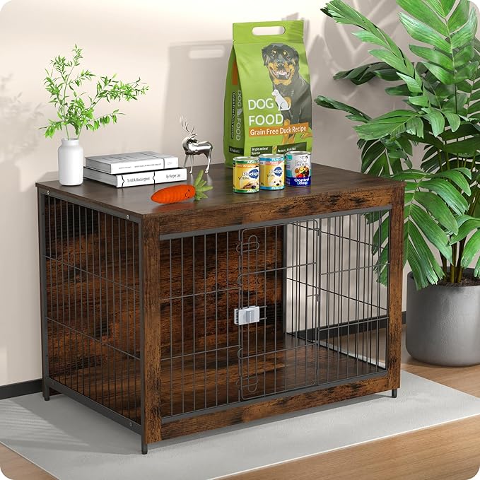 Dog Crate Furniture, Wooden Dog Crate 33in, Decorative Cage with End Table for Dog Indoor Kennel, High Anxiety Dog, Escape-Proof Locks for All Breeds