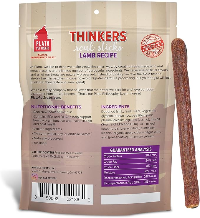 Plato Pet Treats Thinkers - Meat Sticks for Dogs - Limited Ingredient Treats with EPA and DHA to Support Skin, Coat, and Brain - Air-Dried - Lamb 18oz