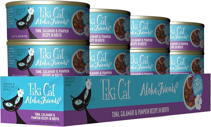 Tiki Cat Aloha Friends, Tuna, Calamari & Pumpkin, Grain-Free & High Moisture, Wet Cat Food for All Life Stages 3 oz. Can (12 Count)