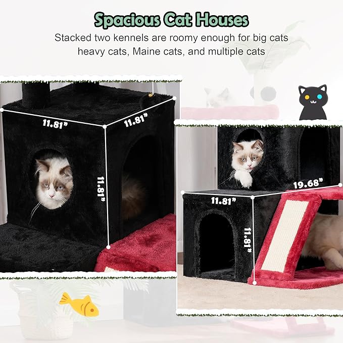 Cat Tree for Indoor Cats Large Adult, Heavy Duty Cat Tower for Big Cats, Cat Tree House with Self Groomer Brush, Big Padded Top Perch, Scratching Post, Hammock, Black and red GCT011MU