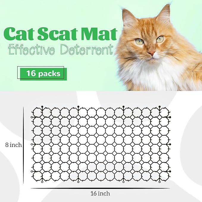 16 x 8 Inch Scat Mat for Cats, 16 Pack Scat Mat with Spikes Outdoor - Cat Deterrent Mat with Strips Digging Stopper, Cat Spike Mat to Keep Animals Away from Furniture