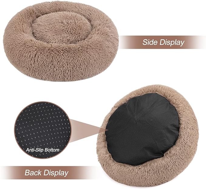 MIXJOY Calming Cat Beds for Indoor Cats, 20'' Kitten Donut Beds for Pet Up to 15lbs, Fluffy Small Cat Cuddler, Anti-Anxiety Plush Faux Fur Large Pet Bed Washable (20'', Brown)