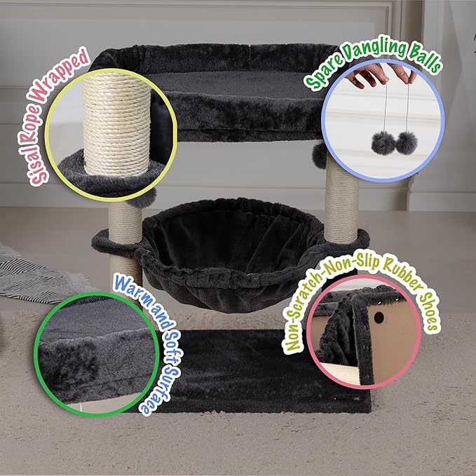 24-inch Cat Tree for Indoor Cats & Kittens – Multi-Level Cat Tower with Hammock & Scratching Post – Sturdy Perch for Large Cats – Space-Saving Small Cat Bed (Dark Gray)