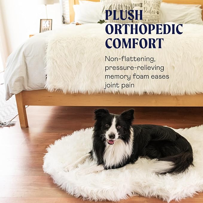 PupRug Orthopedic Dog Bed for Large Dogs with Fluffy Soft Faux Fur and Memory Foam for Joint Pain Relief, Machine Washable and Waterproof Couch Bed, Polar White, Large/Extra Large