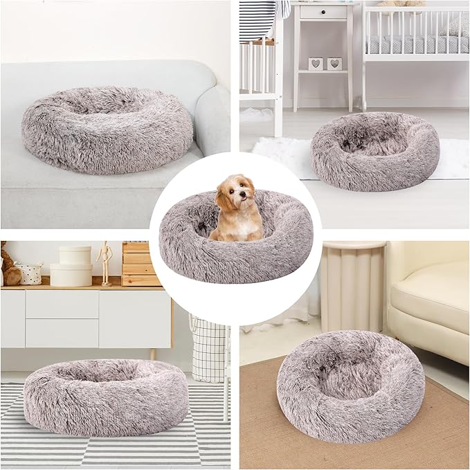 Calming Dog Bed, Dog Beds Fits up to 25 lbs Pets, Fluffy Donut Dog & Cat Bed Washable, Round Anti Anxiety Dog Bed, Small Dog Bed with Non-Slip Bottom (Coffee, 24" x 24")