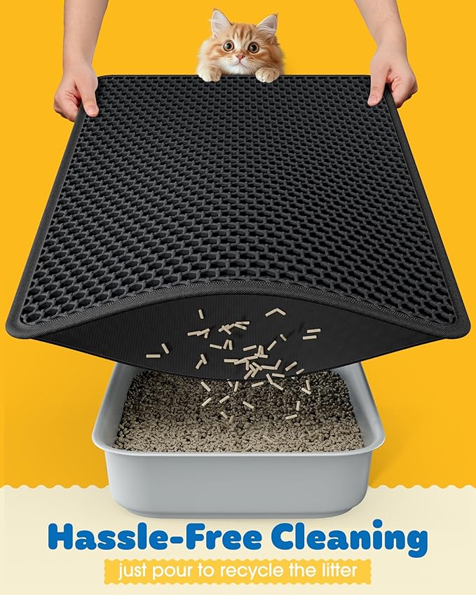 27" x 19" Cat Litter Mat - Ultra-Large Litter Box Mat with Double Layers, Urine-Proof and Non-Slip Litter Trapping Mat, Easy to Clean Kitty Litter Mats for Floor, Scatter Control, Black