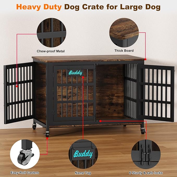 EasyCom 48"/42"/33" Dog Crate Furniture with Name Tag, Heavy Duty Dog Kennel Indoor for Large Dogs, Escape-Proof and Chew-Proof Dog Cage for high Anxiety Dog, Decorate House as TV Stand, End Table