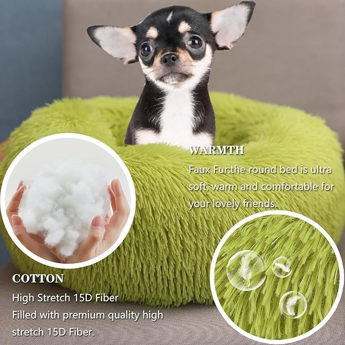 Extra Small Dog Bed Green Washable 15 inches Donut Soft Small Pet Bed,Calming Anti Anxiety Round Fits up to 5 lbs Warm Comfort Pets Beds for Puppy Dogs Indoor