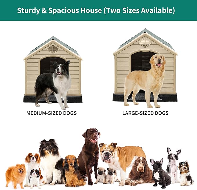 YITAHOME Large Plastic Dog House Outdoor Indoor Doghouse Puppy Shelter Water Resistant Easy Assembly Sturdy Dog Kennel with Air Vents and Elevated Floor