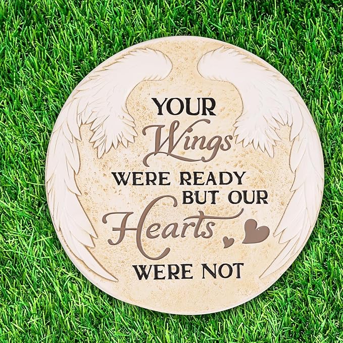 10 Inch Polyresin Memorial Garden Stone, Angel Wings Stepping Stones Outdoor, Memorial Gifts for Loss of Loved One, Décor for Homes, Lawn and Garden (Round Wings)