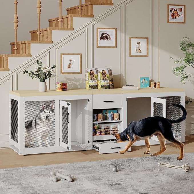 90 Inch Large Dog Crate Furniture, Double Dog Crate with Feeding Station & Storage, Heavy Duty Dog Kennel Furniture for 2 Dogs