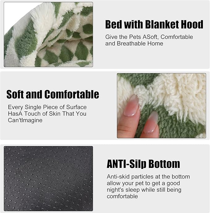 HYQ Cat Beds for Indoor Cats, Small Dog Bed with Cover Cave, Cozy Cat Cave Bed, Round Puppy Bed with Hooded Cover, Dog Beds for Small Dogs with Anti-Slip Bottom(Green, 16×16 Inch)