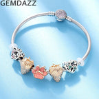 GEMDAZZ Sparkling Puppy Paw Print Charms in 925 Sterling Silver, Pave Dog Pawprint CZ Round Beads and Always in My Heart Charms, Gift for Animal Lover, fit European Women Bracelet/Necklace