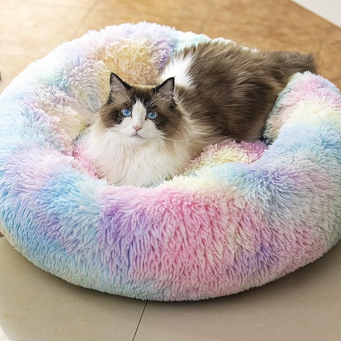Anti Anxiety Round Fluffy Plush Faux Fur Warm Washable Dog Bed & Cat Bed, Original Bed for Small Medium Large Pets,Used to Relieve Joints and Improve Sleep（20"/24"/27''） (24", Rainbow)
