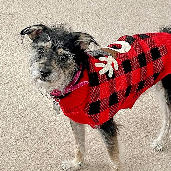 KYEESE Dog Christmas Sweater With Leash Hole - Red Buffalo Check Reindeer Pet Outfit, L