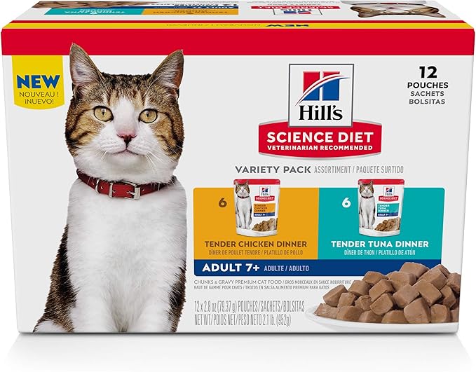 Hill's Science Diet Adult 7+, Senior Adult 7+ Premium Nutrition, Wet Cat Food, Variety Pack: Chicken; Tuna Stew, 2.8 oz Pouch Variety Pack, Case of 12