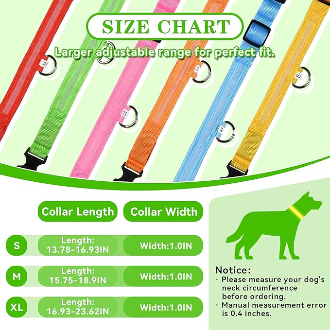 LED Light Up Dog Collar Rechargeable Waterproof, Glow in Dark Dog Collar, Lighted Dog Collars for Night Walking Charging USB, Safety for Small Medium Large Dogs (M, Green)
