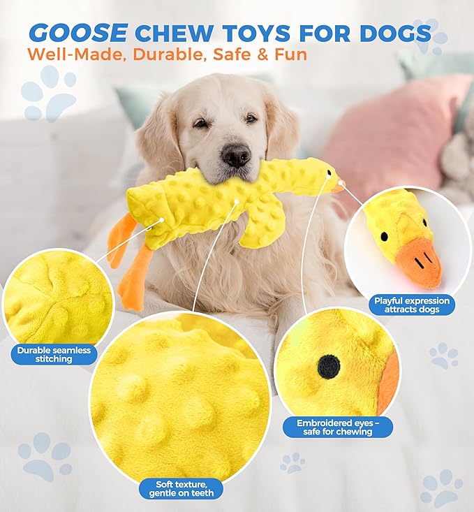 Squeaky Plush Dog Toy for All Breeds, Multifunctional Goose Dog Toy with Honking Sound, Crinkle Paper, Treat Pocket, Durable Soft Stuffed Animal for Chewing, Cuddling, Interactive Play (Yellow)