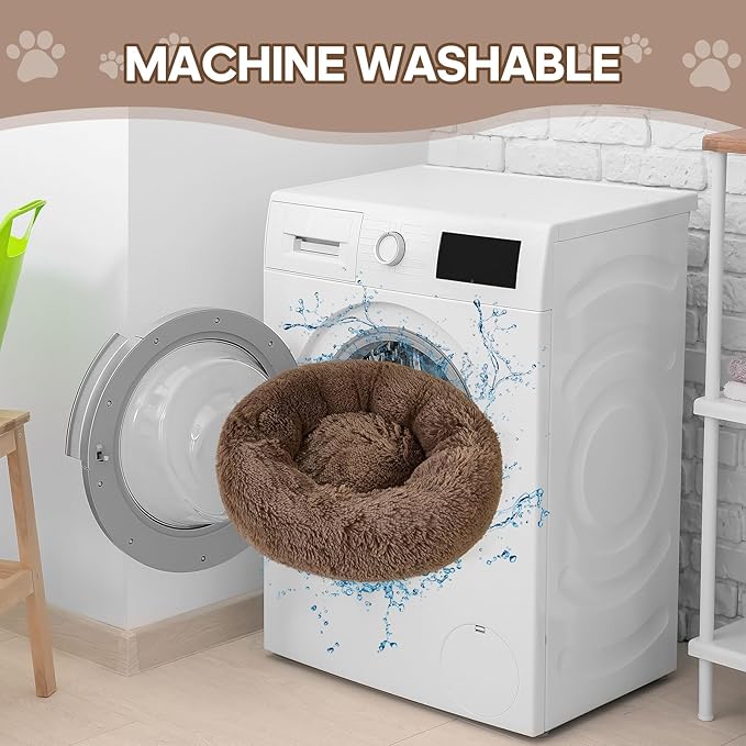 Calming Round Cute Cat & Dog Bed, Anti-Slip Washable Cozy Soft Round Pet Bed, Fluffy Faux Fur Plush Dog Cuddler Bed Fits up to 25 lbs Dogs and Cats(Donut Khaki, 24inch x 24inch)