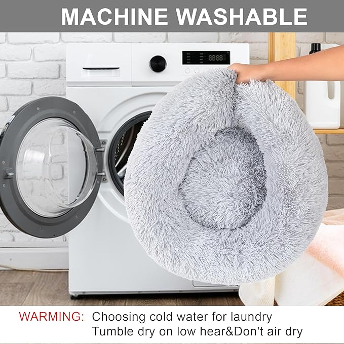 Dog Bed Calming Beds for Small Medium Dogs - Round Donut Washable Dog Bed, Anti-Slip Faux Fur Fluffy Donut Cuddler Anxiety Cat Bed(Light Grey 24")