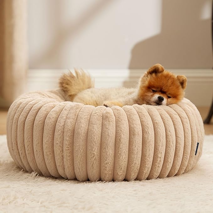 Bedsure Donut Small Dog Bed - Dog Beds for Small Dogs with Corduroy Fleece & Anti Slip Bottom, Round Faux Fur Pet Beds with Washable Removable Cover, Sandy Tan, 23x23x8 inches