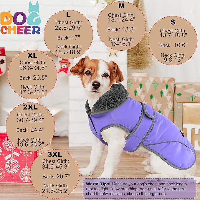 Dogcheer Dog Coat, Christmas Dog Jacket Waterproof Puppy Winter Coat for Cold Weather, Reflective Pet Snow Jacket Warm Turtleneck Fleece Sweater for Small Medium Large Dogs - Taro Purple, L