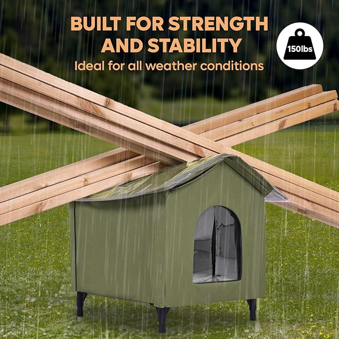 Large Cat House for Outdoor Cats Weatherproof, Indestructible Feral Cat House for Outside, Waterproof Elevated Kitty Pet House with Soft Pad, Extra Roof Cover, Easy Assembly, Barn, Porch