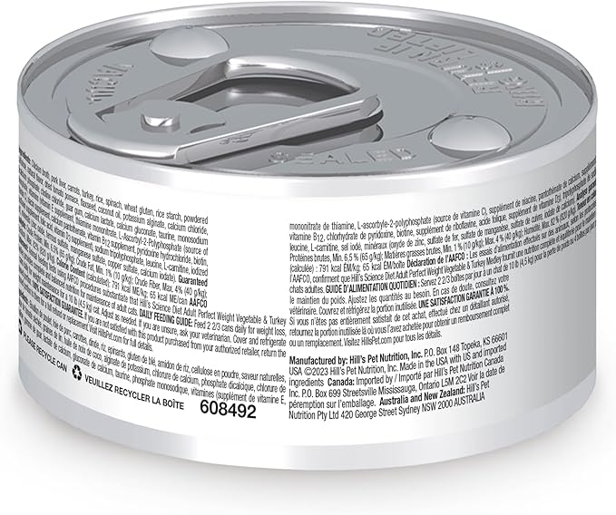 Hill's Science Diet Perfect Weight, Adult 1-6, Weight Management Support, Wet Cat Food, Turkey & Vegetables Stew, 2.9 oz Can, Case of 24
