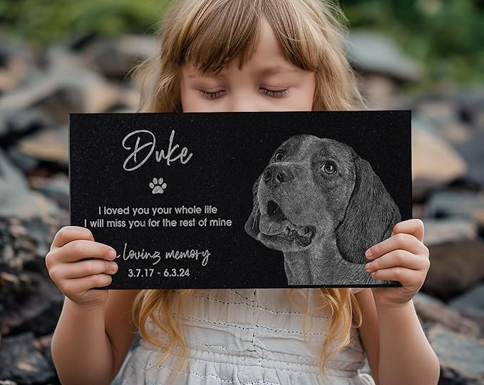 In Loving Memory Pet Memorial Stone w/ Engraved Image: Dog, Cat, Puppy, Kitten Grave Marker for Backyard, Garden Tribute, Cemetery Tombstone, Graveside Ornament, Burial Marker