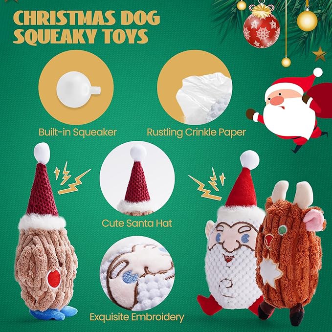 Nocciola 3 PCS Christmas Dog Toys, Santa Claus, Reindeer and Gingerbread Man Crinkle Dog Squeaky Toys, Cute Stuffed Puppy Toys,Perfect Dog Christmas Toys for Small Medium Dogs