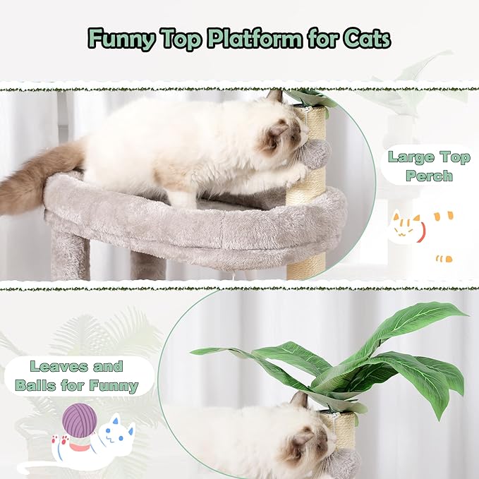 Cat Tree for Indoor Cats Large Adult, Heavy Duty Cat Tower for Big Cats, Cat Tree House with Self Groomer Brush, Big Padded Top Perch, Scratching Post, Hammock, Light Gray GCT012W